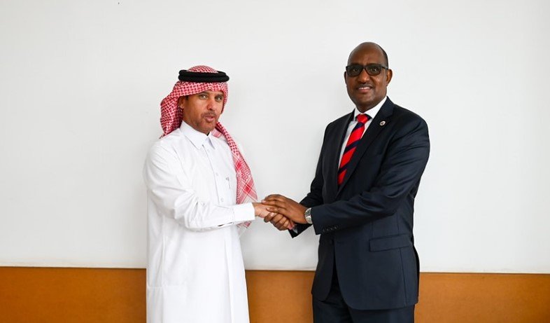 H.E. Mohammed Mutair Al-Enazi, Qatari Ambassador to Kenya, meets with Abdishakur Hussein, Acting Deputy Director-General and Head of the Middle East Directorate, to discuss trade, investment, and skilled labor opportunities between Kenya and Qatar.